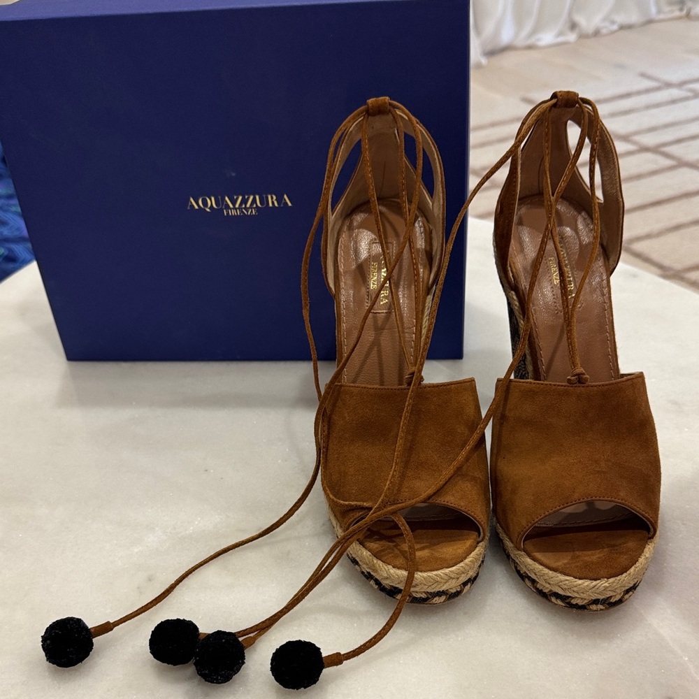 Aquazzura Palm Springs Wedge Brown Suede Espadrille Sandals size 40